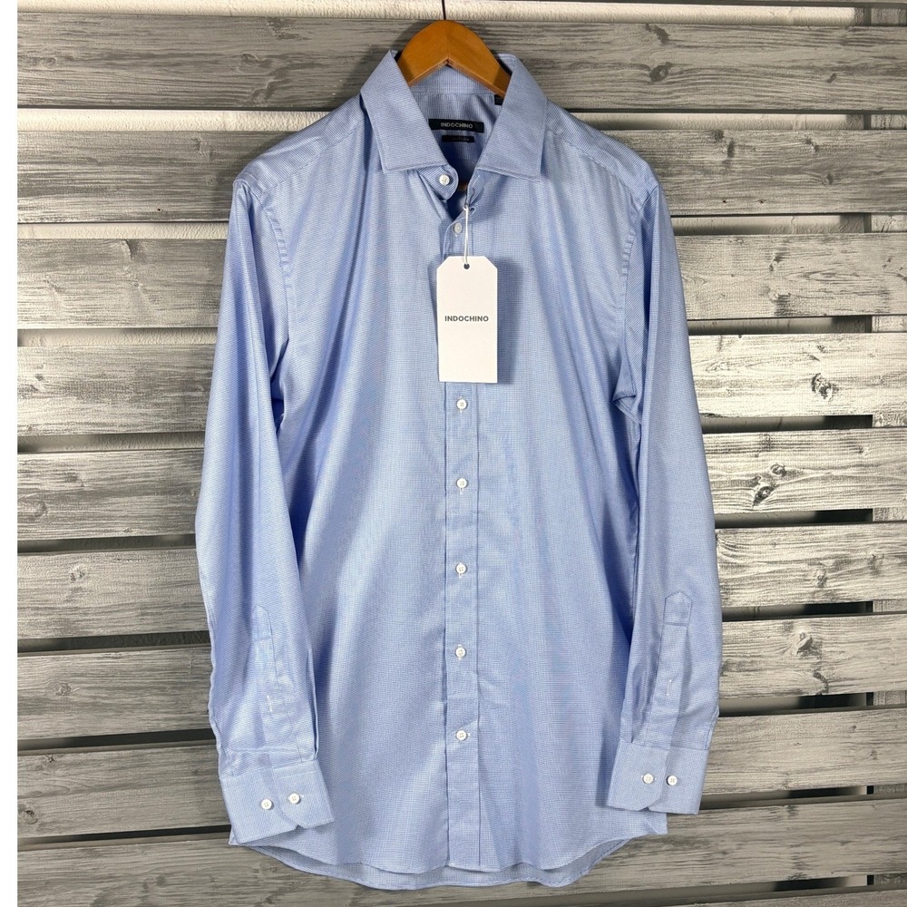 Indochino Blue Check Cotton Dress Shirt Mens Small Long Sleeve Spread Collar NEW